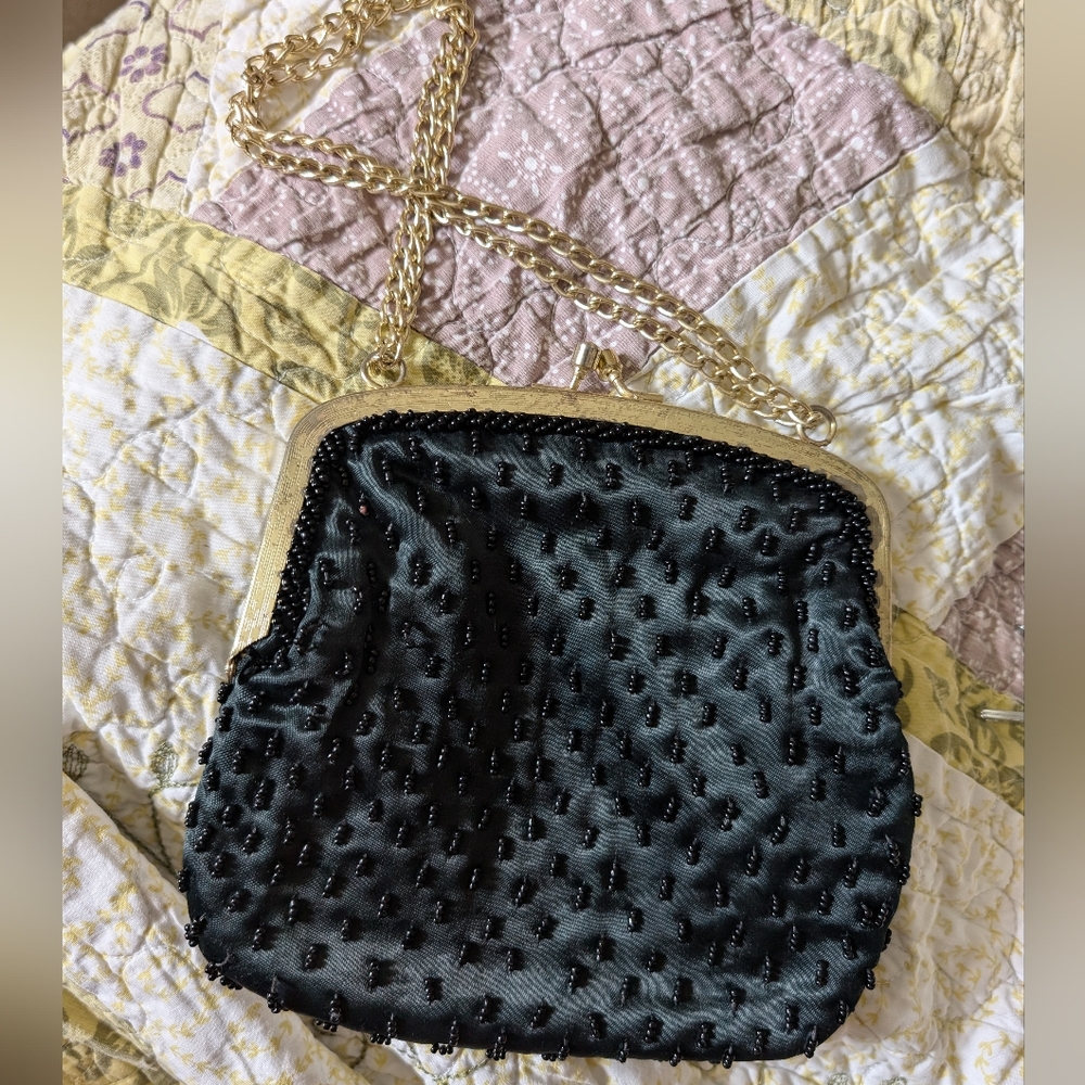 Walborg Black Beaded Clutch with Gold Chain